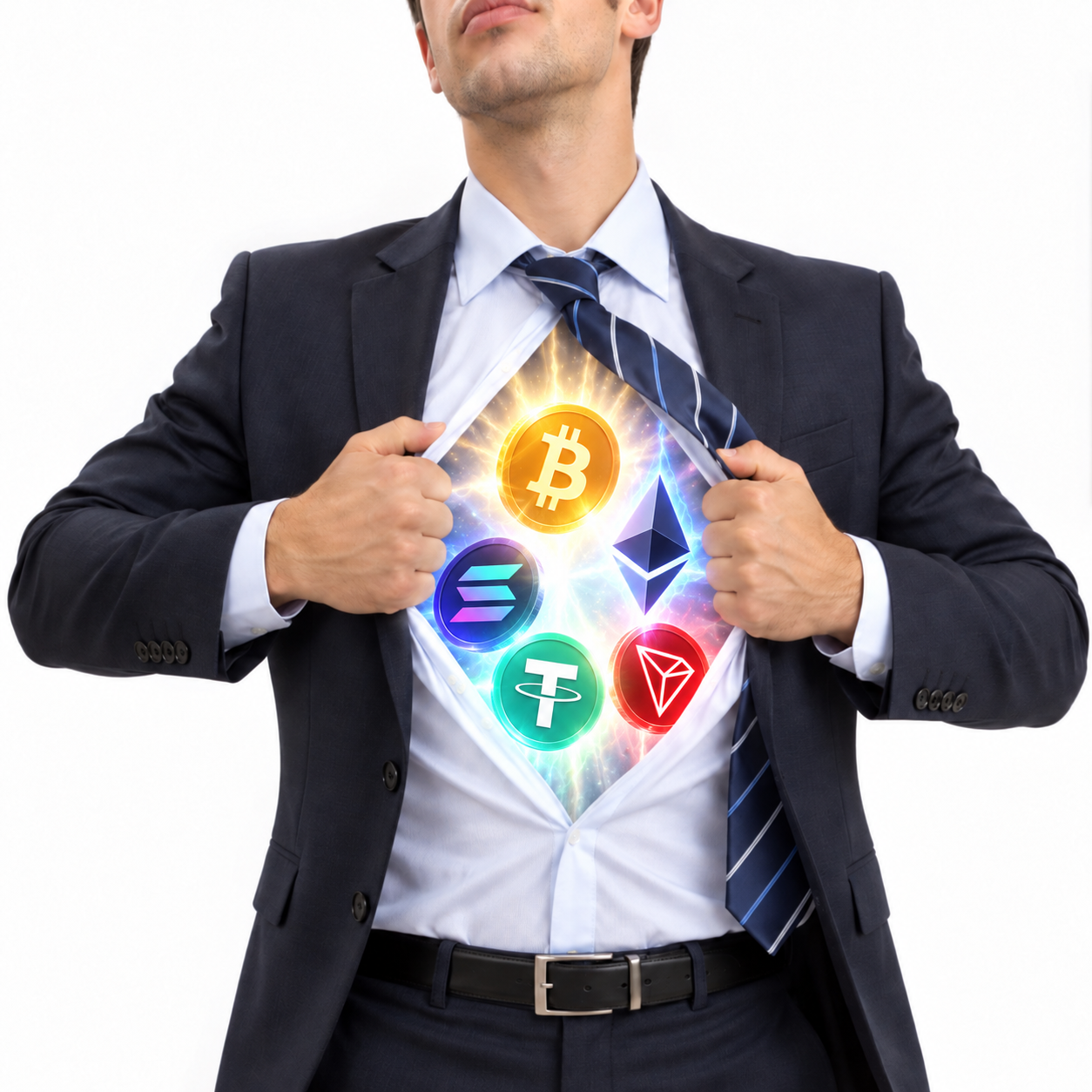 Businessman revealing glowing crypto symbols under his shirt
